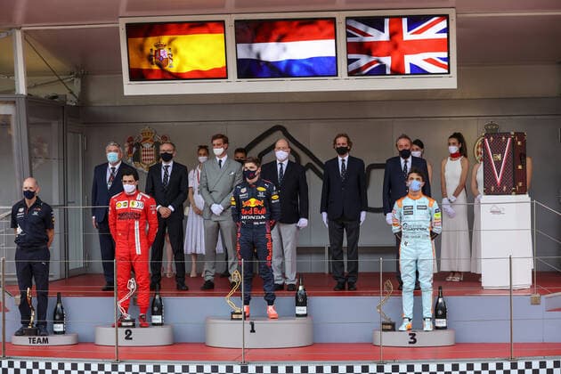 VERSTAPPEN Max (ned), Red Bull Racing Honda RB16B, portrait, podium with SAINZ Carlos (spa), Scuderia Ferrari SF21 and NORRIS Lando (gbr), McLaren MCL35M during the 2021 Formula One World Championship, WM, Weltmeisterschaft Grand Prix of Monaco from on May 20 to 23 in Monaco - FORMULE 1 : Grand prix de Monaco - Course - Monaco - 23 05 2021 DPPI PANORAMIC  AV6_6074
