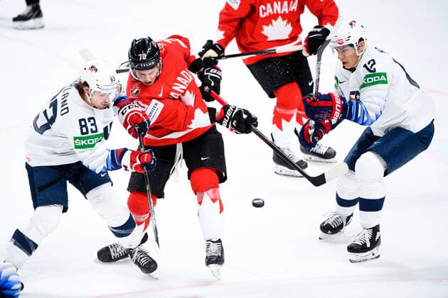 210523 Troy Stecher of Canada against Conor Garland and Trevor Moore of USA during the 2021 IIHF Ice hockey, Eishockey World Championship, WM, Weltmeisterschaft game between Canada and USA on May 23, 2021 in Riga. Photo: Simon Hastegard BILDBYRAN kod SH SH0112 ishockey ice hockey ishockey-vm iihf ice hockey world championship canada kanada usa day 3 bbeng Copyright: SIMONxHASTEGARD BB210523SH215