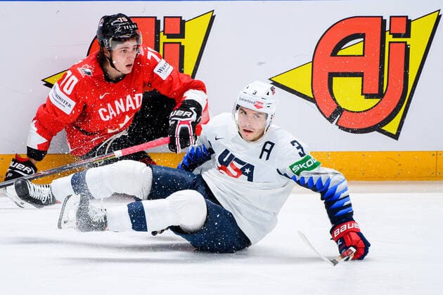 210523 Troy Stecher of Canada and Matt Roy of USA during the 2021 IIHF Ice hockey, Eishockey World Championship, WM, Weltmeisterschaft game between Canada and USA on May 23, 2021 in Riga. Photo: Simon Hastegard BILDBYRAN kod SH SH0112 ishockey ice hockey ishockey-vm iihf ice hockey world championship canada kanada usa day 3 bbeng Copyright: SIMONxHASTEGARD BB210523SH226
