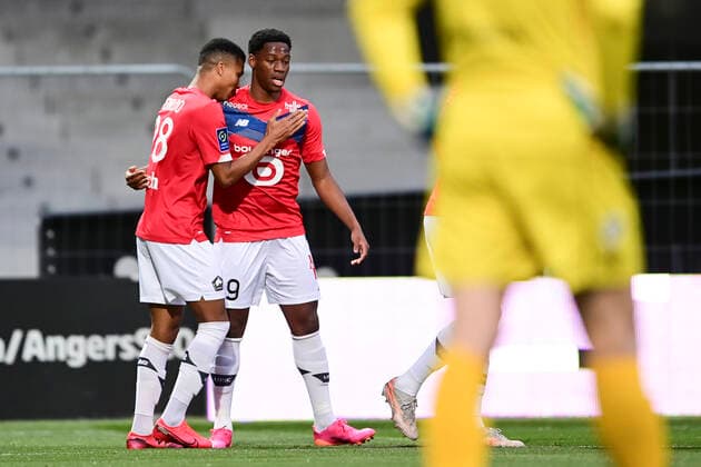 joie des joueurs Lillois apres le but de Jonathan David (Losc) FOOTBALL : Sco Angers vs LOSC - 38e journee Ligue 1 Uber Eats - 23 05 2021 JBAutissier Panoramic 