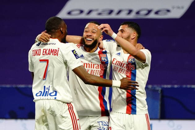 Sport Bilder des Tages But - Karl Toko Ekambi (Lyon) - Memphis Depay (Lyon) - Houssem Aouar (Lyon) FOOTBALL : Lyon vs OGC Nice - Ligue 1 Uber Eats - Lyon - 23 05 2021 NorbertScanella PanoramiC 