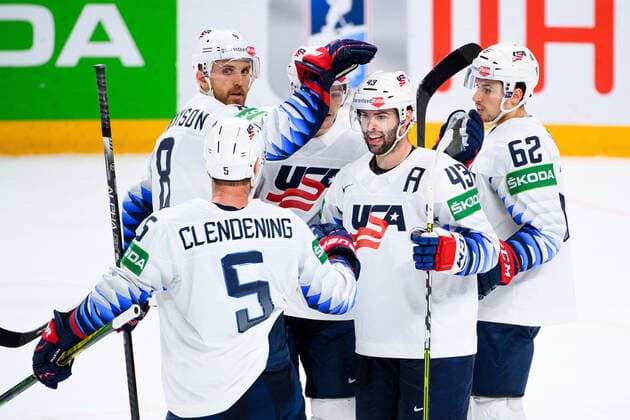 210523 Matt Tennyson, Ryan Donato, Colin Blackwell and Kevin Labanc of USA celebrates the 1-5 goal during the 2021 IIHF Ice hockey, Eishockey World Championship, WM, Weltmeisterschaft game between Canada and USA on May 23, 2021 in Riga. Photo: Simon Hastegard BILDBYRAN kod SH SH0112 ishockey ice hockey ishockey-vm iihf ice hockey world championship canada kanada usa day 3 bbeng jubel Copyright: SIMONxHASTEGARD BB210523SH241