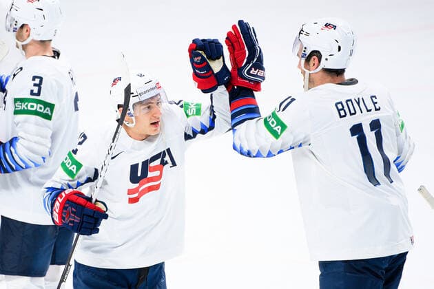 210523 Trevor Moore and Brian Boyle of USA celebrate after the 2021 IIHF Ice hockey, Eishockey World Championship, WM, Weltmeisterschaft game between Canada and USA on May 23, 2021 in Riga. Photo: Simon Hastegard BILDBYRAN kod SH SH0112 ishockey ice hockey ishockey-vm iihf ice hockey world championship canada kanada usa day 3 bbeng jubel Copyright: SIMONxHASTEGARD BB210523SH245