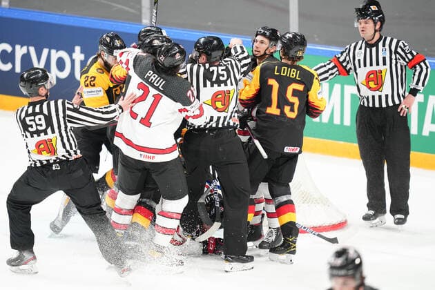 24.05.2021, Riga, Arena Riga, Germany vs Canada (2021 IIHF Ice hockey, Eishockey World Championship, WM, Weltmeisterschaft , trouble in front of the Germany net Riga Riga Latvia Copyright: xJustPictures.ch JarixPestelaccix