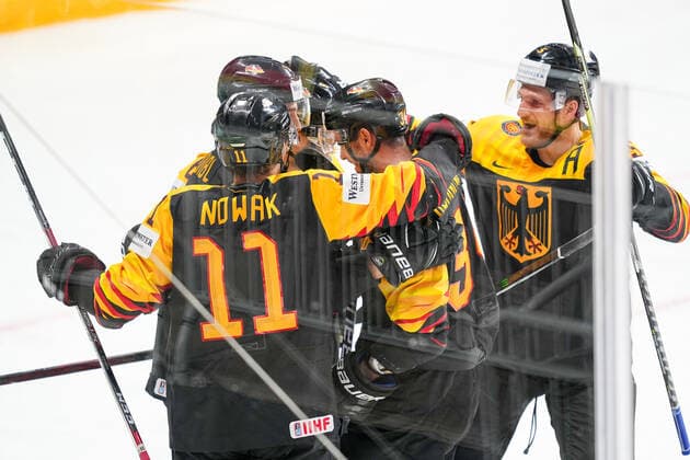 24.05.2021, Riga, Arena Riga, Germany vs Canada (2021 IIHF Ice hockey, Eishockey World Championship, WM, Weltmeisterschaft , Germany open the scores and celebrates. 11 Marco Nowak (Germany), 34 Tom Kuhnhackl (Germany), 5 Korbinian Holzer (Germany) Riga Riga Latvia Copyright: xJustPictures.ch JarixPestelaccix