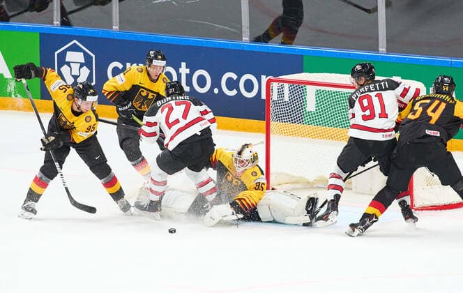 Mathias NIEDERBERGER 35 goalie of Germany Frederik TIFFELS 95 of Germany Jonas MÜLLER, MUELLER 41 of Germany against Michael Bunting 27 of Canada Cole Perfetti 91 of Canada GERMANY - CANADA IIHF Ice hockey, Eishockey WORLD CHAMPIONSHIPS Group B in Riga, Latvia, Lettland, May 24, 2021, Season 2020 2021