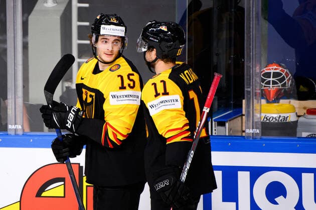 210524 Michael Bunting and Marco Nowak of Germany celebrate the 1-0 goal during the 2021 IIHF Ice hockey, Eishockey World Championship, WM, Weltmeisterschaft game between Germany and Canada on May 24, 2021 in Riga. Photo: Simon Hastegard BILDBYRAN kod SH SH0113 ishockey ice hockey ishockey-vm iihf ice hockey world championship germany tyskland canada kanada day 4 bbeng jubel Copyright: SIMONxHASTEGARD BB210524SH038