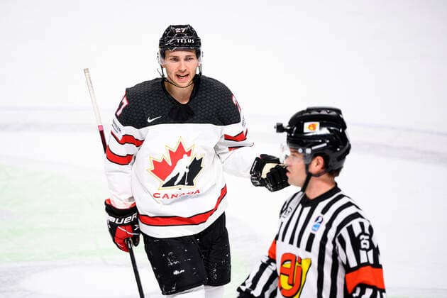210524 Michael Bunting of Canada reacts during the 2021 IIHF Ice hockey, Eishockey World Championship, WM, Weltmeisterschaft game between Germany and Canada on May 24, 2021 in Riga. Photo: Simon Hastegard BILDBYRAN kod SH SH0113 ishockey ice hockey ishockey-vm iihf ice hockey world championship germany tyskland canada kanada day 4 bbeng depp Copyright: SIMONxHASTEGARD BB210524SH051