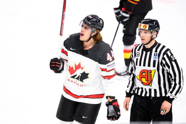 210524 Maxime Comtois of Canada reacts during the 2021 IIHF Ice hockey, Eishockey World Championship, WM, Weltmeisterschaft game between Germany and Canada on May 24, 2021 in Riga. Photo: Simon Hastegard BILDBYRAN kod SH SH0113 ishockey ice hockey ishockey-vm iihf ice hockey world championship germany tyskland canada kanada day 4 bbeng depp Copyright: SIMONxHASTEGARD BB210524SH057