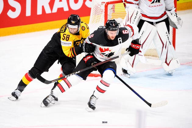 210524 Markus Eisenschmid of Germany and Colin Miller of Canada during the 2021 IIHF Ice hockey, Eishockey World Championship, WM, Weltmeisterschaft game between Germany and Canada on May 24, 2021 in Riga. Photo: Simon Hastegard BILDBYRAN kod SH SH0113 ishockey ice hockey ishockey-vm iihf ice hockey world championship germany tyskland canada kanada day 4 bbeng Copyright: SIMONxHASTEGARD BB210524SH062
