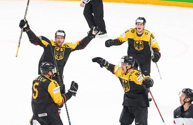 Korbinian HOLZER 5 of Germany celebrates his goal, happy, laugh, celebration, 3-1 GERMANY - CANADA IIHF Ice hockey, Eishockey WORLD CHAMPIONSHIPS Group B in Riga, Latvia, Lettland, May 24, 2021, Season 2020 2021