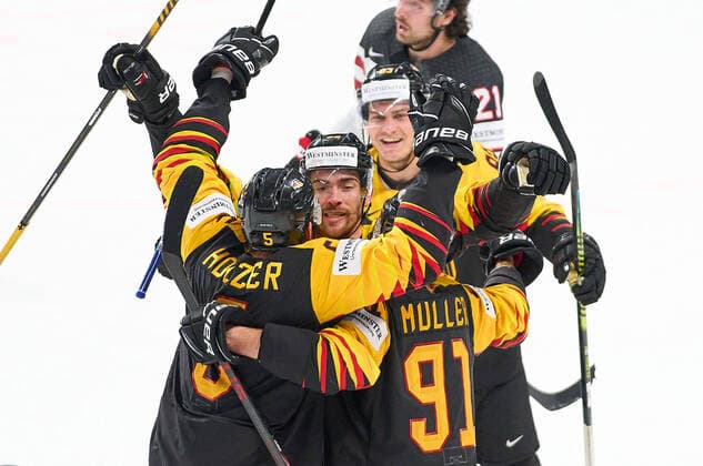 Sport Bilder des Tages Korbinian HOLZER 5 of Germany celebrates his goal, happy, laugh, celebration, 3-1 GERMANY - CANADA IIHF Ice hockey, Eishockey WORLD CHAMPIONSHIPS Group B in Riga, Latvia, Lettland, May 24, 2021, Season 2020 2021