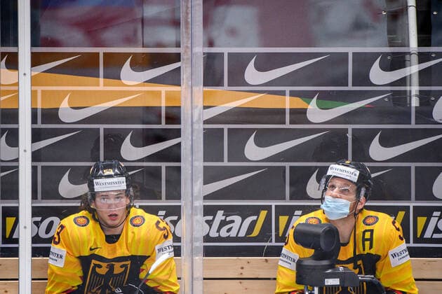 210524 Moritz Seider and Korbinian Holzer of Germany in the penalty box during the 2021 IIHF Ice hockey, Eishockey World Championship, WM, Weltmeisterschaft game between Germany and Canada on May 24, 2021 in Riga. Photo: Simon Hastegard BILDBYRAN kod SH SH0113 ishockey ice hockey ishockey-vm iihf ice hockey world championship germany tyskland canada kanada day 4 bbeng Copyright: SIMONxHASTEGARD BB210524SH064