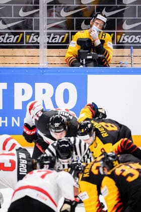 210524 Korbinian Holzer of Germany in the penalty box during the 2021 IIHF Ice hockey, Eishockey World Championship, WM, Weltmeisterschaft game between Germany and Canada on May 24, 2021 in Riga. Photo: Simon Hastegard BILDBYRAN kod SH SH0113 ishockey ice hockey ishockey-vm iihf ice hockey world championship germany tyskland canada kanada day 4 bbeng Copyright: SIMONxHASTEGARD BB210524SH066
