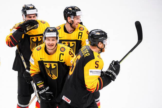 210524 Moritz Muller and Korbinian Holzer of Germany celebrates the 3-1 goal during the 2021 IIHF Ice hockey, Eishockey World Championship, WM, Weltmeisterschaft game between Germany and Canada on May 24, 2021 in Riga. Photo: Simon Hastegard BILDBYRAN kod SH SH0113 ishockey ice hockey ishockey-vm iihf ice hockey world championship germany tyskland canada kanada day 4 bbeng jubel Copyright: SIMONxHASTEGARD BB210524SH070
