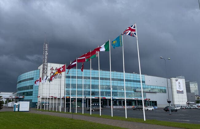 Arena Riga with the flags of the participating teams, as well as Belarus National Flag GERMANY - KAZAKHSTAN IIHF Ice hockey, Eishockey WORLD CHAMPIONSHIPS Group B in Riga, Latvia, Lettland, May 26, 2021, Season 2020 2021