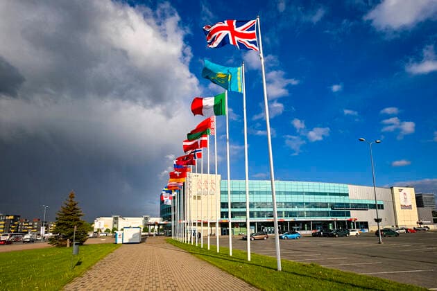 The national flags flying in front of the Arena Riga, the stage of the 2021 IIHF Ice hockey, Eishockey World Championship, WM, Weltmeisterschaft in Riga, Latvia, on May 26, 2021. (CTKxPhoto VitxSimanek) CTKPhotoP2021052608975  VIS 002