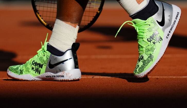Mandatory Credit: Photo by Javier Garcia BPI Shutterstock (11975057c) The Nike tennis shoes of Serena Williams during her first practice session of the tournament French Open Tennis, Wednesday Previews, Roland Garros, Paris, France - 27 May 2021 French Open Tennis, Wednesday Previews, Roland Garros, Paris, France - 27 May 2021  Copyright: xJavierxGarcia BPI Shutterstockx 11975057c