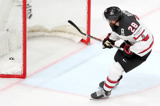 RIGA, LATVIA â€“ MAY 28, 2021: Canada s Connor Brown scores in their 2021 IIHF Ice hockey, Eishockey World Championship, WM, Weltmeisterschaft Preliminary Round Group B match against Kazakhstan, at the Arena Riga. Natalia Fedosenko TASS  TS101EFB