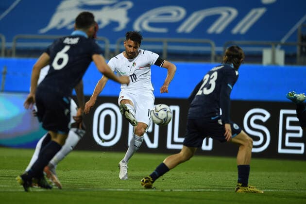 Vincenzo Grifo (Italy)Filippo Fabbri (San Marino) during the Uefa European Championship, EM, Europameisterschaft 2020 Friendly match between Italy 7-0 San Marino at Sardegna Arena on May 28, 2021 in Cagliari, Italy. Noxthirdxpartyxsales  (161403663)