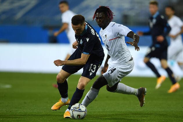 Andrea Grandoni (San Marino)Moise Kean (Italy) during the Uefa European Championship, EM, Europameisterschaft 2020 Friendly match between Italy 7-0 San Marino at Sardegna Arena on May 28, 2021 in Cagliari, Italy. Noxthirdxpartyxsales  (161403715)