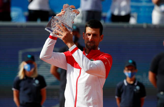(210530) -- BELGRADE, May 30, 2021 -- Serbia s Novak Djokovic holds the trophy during the awarding ceremony after the ATP, Tennis Herren 250 Belgrade Open singles final between Serbia s Novak Djokovic and Slovakia s Alex Molcan in Belgrade, Serbia on May 29, 2021. (Photo by Xinhua) (SP)SERBIA-BELGRADE-TENNIS-ATP BELGRADE OPEN-FINAL PredragxMilosavljevic 