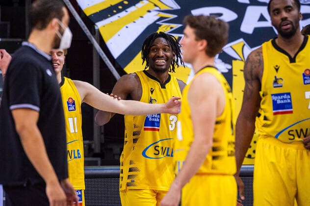 Freude bei Jaleen Smith (MHP RIESEN Ludwigsburg 3) ; 1. Basketball Bundesliga easyCredit BBL: MHP RIESEN Ludwigsburg - Bayern Muenchen am 29.05.2021 in Ludwigsburg (MHPArena), Baden-Wuerttemberg, Deutschland Ludwigsburg. 29.05.21 Basketball , 29.05.2021, Ludwigsburg (Deutschland)