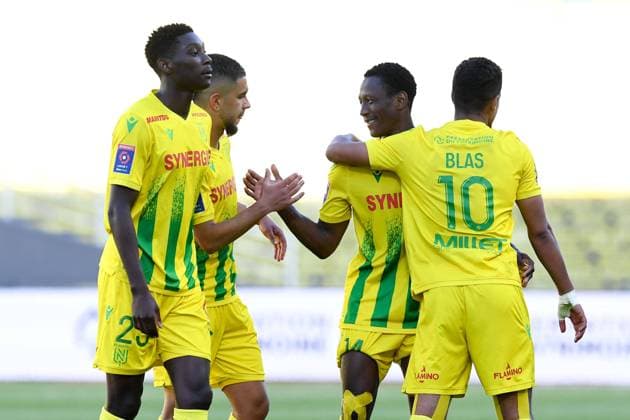 JOIE - FAIR PLAY - 14 CHARLES TRAORE (NAN) - 23 RANDAL KOLO MUANI (NAN) - 26 IMRAN LOUZA (NAN) FOOTBALL : Nantes vs Toulouse - Barrage - Ligue 1 Uber Eats - 30 05 2021 FEP Panoramic 