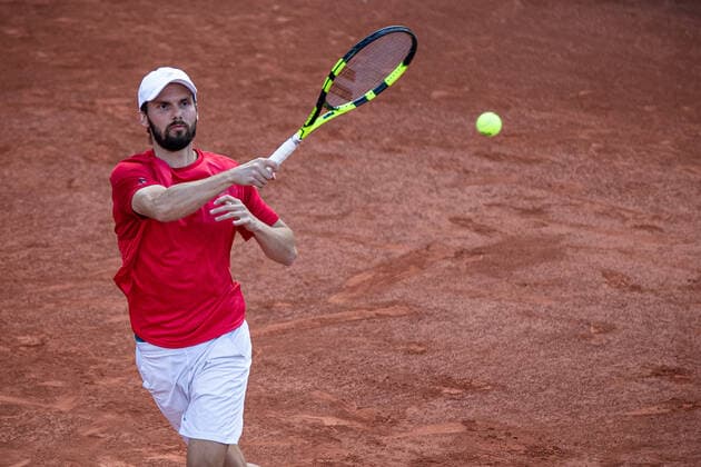 (210531) -- PARIS, May 31, 2021 -- Oscar Otte of Germany hits a return during the men s singles first round match against Alexander Zverev of Germany at the French Open tennis tournament at Roland Garros in Paris, France, May 30, 2021. (Photo by Xinhua) (SP)FRANCE-PARIS-TENNIS-ROLAND GARROS-FRENCH OPEN-MEN S SINGLES AurelienxMorissard 