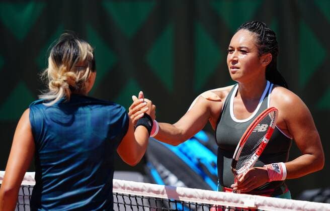 Mandatory Credit: Photo by Javier Garcia BPI Shutterstock (11977038dy) Heather Watson congratulates Zarina Diyas after their first round match French Open Tennis, Day Two, Roland Garros, Paris, France - 31 May 2021 French Open Tennis, Day Two, Roland Garros, Paris, France - 31 May 2021  Copyright: xJavierxGarcia BPI Shutterstockx 11977038dy