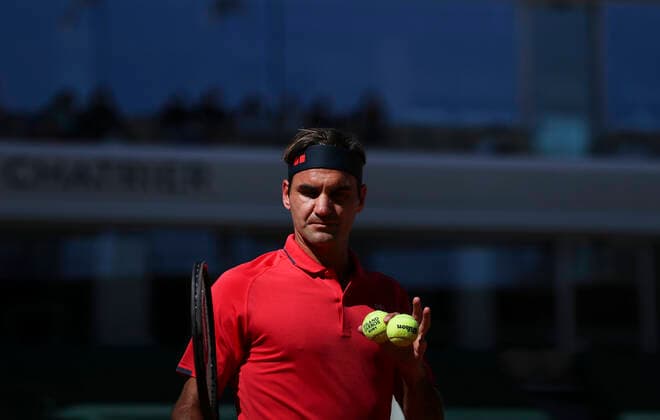 (210601) -- PARIS, June 1, 2021 -- Roger Federer of Switzerland reacts during the men s singles first round match against Denis Istomin of Uzbekistan at the French Open tennis tournament at Roland Garros in Paris, France, May 31, 2021. ) (SP)FRANCE-PARIS-TENNIS-ROLAND GARROS-FRENCH OPEN-MEN S SINGLES GaoxJing 