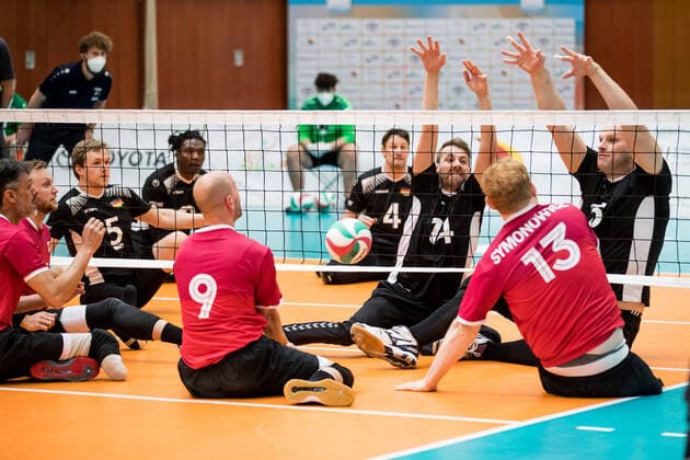 WORLD ParaVolley Men’s Final Qualifier Tokyo 2020 Paralympic Games: Deutschland - Kanada; 01.06.2021 Torben Schiewe (Deutschland, 14), Stefan Haehnlein (Deutschland, 5) WORLD ParaVolley Men’s Final Qualifier Tokyo 2020 Paralympic Games: Deutschland - Kanada; Duisburg Sportschule Wedau Copyright: xBEAUTIFULxSPORTS Wunderlx