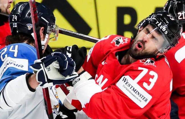 RIGA, LATVIA â€“ JUNE 1, 2021: Finland s Hannes Bjorninen (L) and Canada s Brandon Pirri in their 2021 IIHF World Championship, WM, Weltmeisterschaft Group B Ice hockey, Eishockey match at Arena Riga. Natalia Fedosenko TASS  TS102587