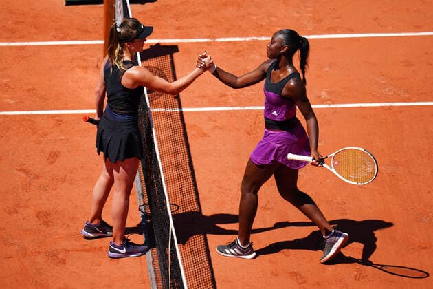 Mandatory Credit: Photo by Javier Garcia BPI Shutterstock (11988207a) Elina Svitolina is congratulated by Oceane Babel after their first round match French Open Tennis, Day Three, Roland Garros, Paris, France - 01 Jun 2021 French Open Tennis, Day Three, Roland Garros, Paris, France - 01 Jun 2021  Copyright: xJavierxGarcia BPI Shutterstockx 11988207a