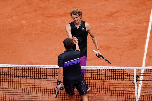 Mandatory Credit: Photo by Javier Garcia BPI Shutterstock (12000887ai) Alexander Zverev meets Roman Safiullin at the net French Open Tennis, Day Four, Roland Garros, Paris, France - 02 Jun 2021 French Open Tennis, Day Four, Roland Garros, Paris, France - 02 Jun 2021  Copyright: xJavierxGarcia BPI Shutterstockx 12000887ai
