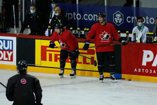 02.06.2021, Riga, Olympic Sports Centre, Team Canada practice (2021 IIHF Ice hockey, Eishockey World Championship, WM, Weltmeisterschaft , 14 Adam Henrique (Canada) and 88 Andrew Mangiapane at practice Riga Riga Latvia Copyright: xJustPictures.ch JarixPestelaccix
