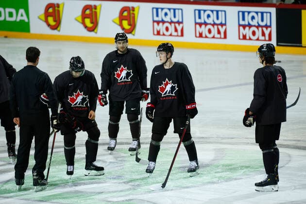 02.06.2021, Riga, Olympic Sports Centre, Team Canada practice (2021 IIHF Ice hockey, Eishockey World Championship, WM, Weltmeisterschaft , 74 Nicolas Beaudin (Canada), 26 Sean Walker (Canada), 5 Jacob Bernard-Docker (Canada) and 2 Braden Schneider (Canada) at practice Riga Riga Latvia Copyright: xJustPictures.ch JarixPestelaccix
