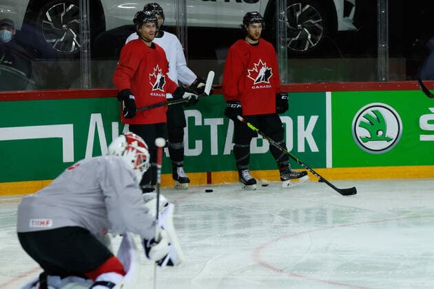 02.06.2021, Riga, Olympic Sports Centre, Team Canada practice (2021 IIHF Ice hockey, Eishockey World Championship, WM, Weltmeisterschaft , 14 Adam Henrique (Canada), 27 Michael Bunting (Canada) and 88 Andrew Mangiapane at practice Riga Riga Latvia Copyright: xJustPictures.ch JarixPestelaccix