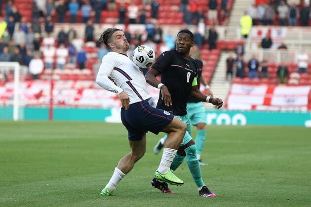 SOCCER - ENG vs AUT, test match MIDDLESBROUGH,ENGLAND,02.JUN.21 - SOCCER - UEFA European Championship, EM, Europameisterschaft preview, OEFB international match, Länderspiel, Nationalmannschaft England vs Austria, friendly match. Image shows Jack Grealish (ENG) and David Alaba (AUT).  GEPAxpictures xMichaelxZemanek