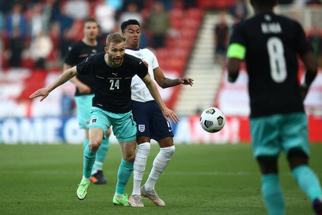 SOCCER - ENG vs AUT, test match MIDDLESBROUGH,ENGLAND,02.JUN.21 - SOCCER - UEFA European Championship, EM, Europameisterschaft preview, OEFB international match, Länderspiel, Nationalmannschaft England vs Austria, friendly match. Image shows Konrad Laimer (AUT) and Jesse Lingard (ENG).  GEPAxpictures xMichaelxZemanek