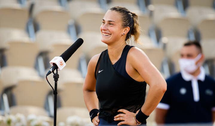 June 2, 2021, PARIS, FRANCE: Aryna Sabalenka of Belarus after winning her second-round match at the 2021 Roland Garros Grand Slam Tournament against Aliaksandra Sasnovich of Belarus PARIS FRANCE - ZUMAa181 20210602_zaa_a181_225 Copyright: xRobxPrangex