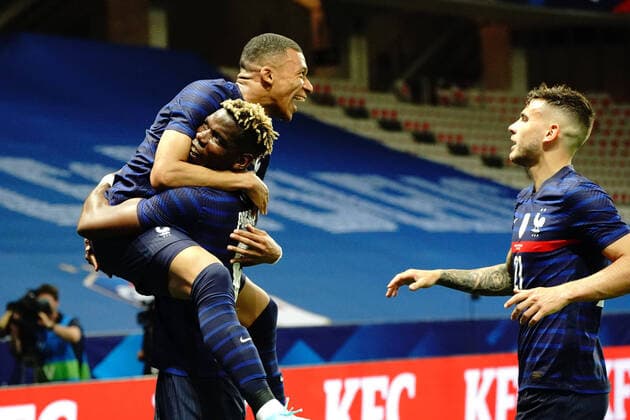 Sport Themen der Woche KW22 Joie - Kylian MBappe (France) - Paul Pogba (France) - Lucas Hernandez (France) FOOTBALL : France vs Pays de Galles - Nice - 02 06 2021 NorbertScanella PanoramiC 
