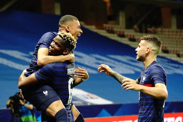 Joie - Kylian MBappe (France) - Paul Pogba (France) - Lucas Hernandez (France) FOOTBALL : France vs Pays de Galles - Nice - 02 06 2021 NorbertScanella PanoramiC 