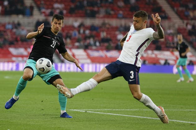 SOCCER - ENG vs AUT, test match MIDDLESBROUGH,ENGLAND,02.JUN.21 - SOCCER - UEFA European Championship, EM, Europameisterschaft preview, OEFB international match, Länderspiel, Nationalmannschaft England vs Austria, friendly match. Image shows Stefan Lainer (AUT) and Kieran Trippier (ENG).  GEPAxpictures xMichaelxZemanek