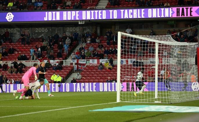 Mandatory Credit: Photo by JASONPIX Shutterstock (12008314q) Bukayo Saka of England scores the opening goal to put England 1-0 up England v Austria - International Friendly, Länderspiel, Nationalmannschaft Football, Riverside Stadium, Middlesbrough. North Yorkshire, UK. 2 JUN 2021 Editorial use only England v Austria - International Friendly, Football, Riverside Stadium, Middlesbrough. North Yorkshire, UK. 2 JUN 2021 Editorial use only  Copyright: xJASONPIX Shutterstockx 12008314q