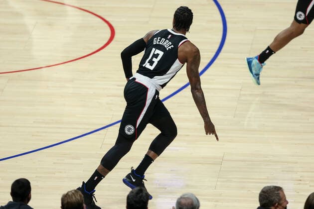 LOS ANGELES, CA - JUNE 02: LA Clippers guard Paul George (13) celebrate a three pointer game 5 of the first round of the NBA, Basketball Herren, USA Western Conference Playoffs between the Dallas Mavericks and the Los Angeles Clippers on June 02, 2021, at Staples Center in Los Angeles, CA. (Photo by Jevone Moore Icon Sportswire) NBA: JUN 02 Western Playoffs First Round - Mavericks at Clippers Icon210602023