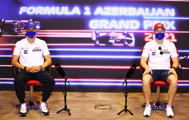 F1 Grand Prix of Azerbaijan 47 Mick Schumacher (GER, Haas F1 Team), 9 Nikita Mazepin (RUS, Haas F1 Team), F1 Grand Prix of Azerbaijan at Baku City Circuit on June 3, 2021 in Baku, Azerbaijan. (Photo by Francois Nel Getty Images FIA Pool via HOCH ZWEI) Baku Baku City Circuit Azerbaijan Poolfoto HOCH ZWEI Pool Getty Images ,EDITORIAL USE ONLY