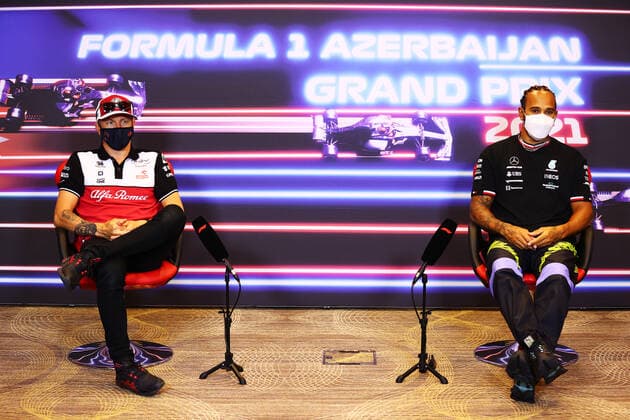 F1 Grand Prix of Azerbaijan 7 Kimi Raikkonen (FIN, Alfa Romeo Racing ORLEN), 44 Lewis Hamilton (GBR, Mercedes-AMG Petronas F1 Team), F1 Grand Prix of Azerbaijan at Baku City Circuit on June 3, 2021 in Baku, Azerbaijan. (Photo by Francois Nel Getty Images FIA Pool via HOCH ZWEI) Baku Baku City Circuit Azerbaijan Poolfoto HOCH ZWEI Pool Getty Images ,EDITORIAL USE ONLY