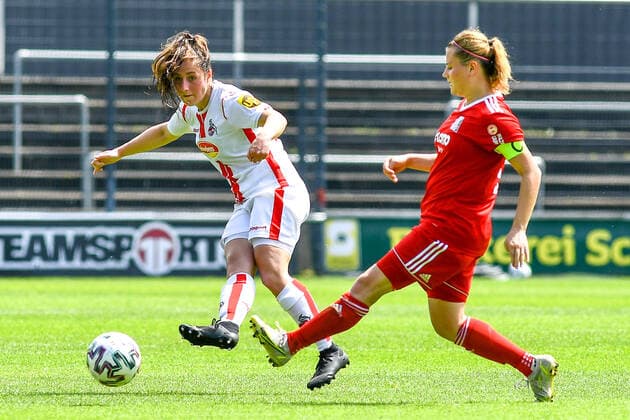 v.li.: Karoline Kohr (Köln, 13), Jasmin Mackert (FFC Niederkirchen, 12), Zweikampf, Duell, duel, tackle, tackling, Dynamik, Action, Aktion, 03.06.2021, Köln (Deutschland), Fussball, 2. Frauen-Bundesliga Süd, 1. FC Köln - 1. FFC Niederkirchen, DFB DFL REGULATIONS PROHIBIT ANY USE OF PHOTOGRAPHS AS IMAGE SEQUENCES AND OR QUASI-VIDEO.