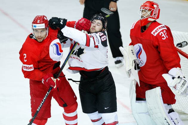 03.06.2021, Riga, Olympic Sports Centre, Quarterfinal: Russia - Canada (2021 IIHF Ice hockey, Eishockey World Championship, WM, Weltmeisterschaft , 2 Artyom Zub (Russia) has trouble into the slot against 88 Andrew Mangiapane (Canada) goalkeeper Sergei Bobrovski (Russia) Riga Riga Latvia Copyright: xJustPictures.ch JarixPestelaccix